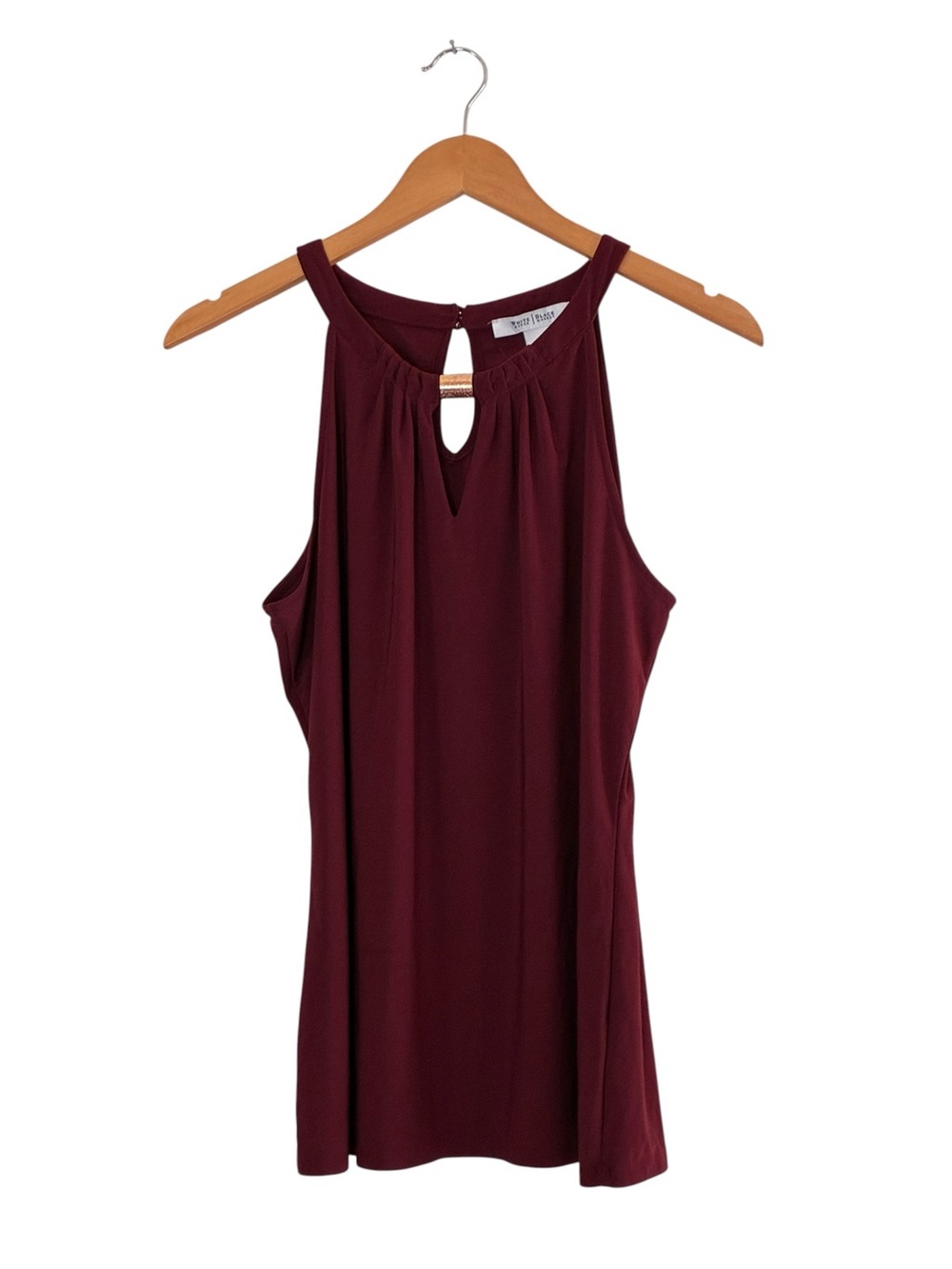 WHBM | LIKE NEW burgundy sleeveless lightweight keyhole gold bar neckline blouse